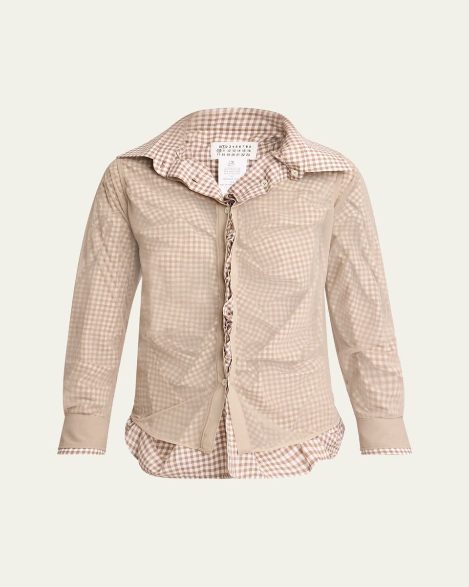 Ruched Hybrid Check Button Down Blouse